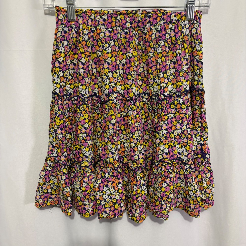 Rose & Thyme Floral Tiered Mini Skirt Small Pink Yellow Ditsy Print Ruffle Trim